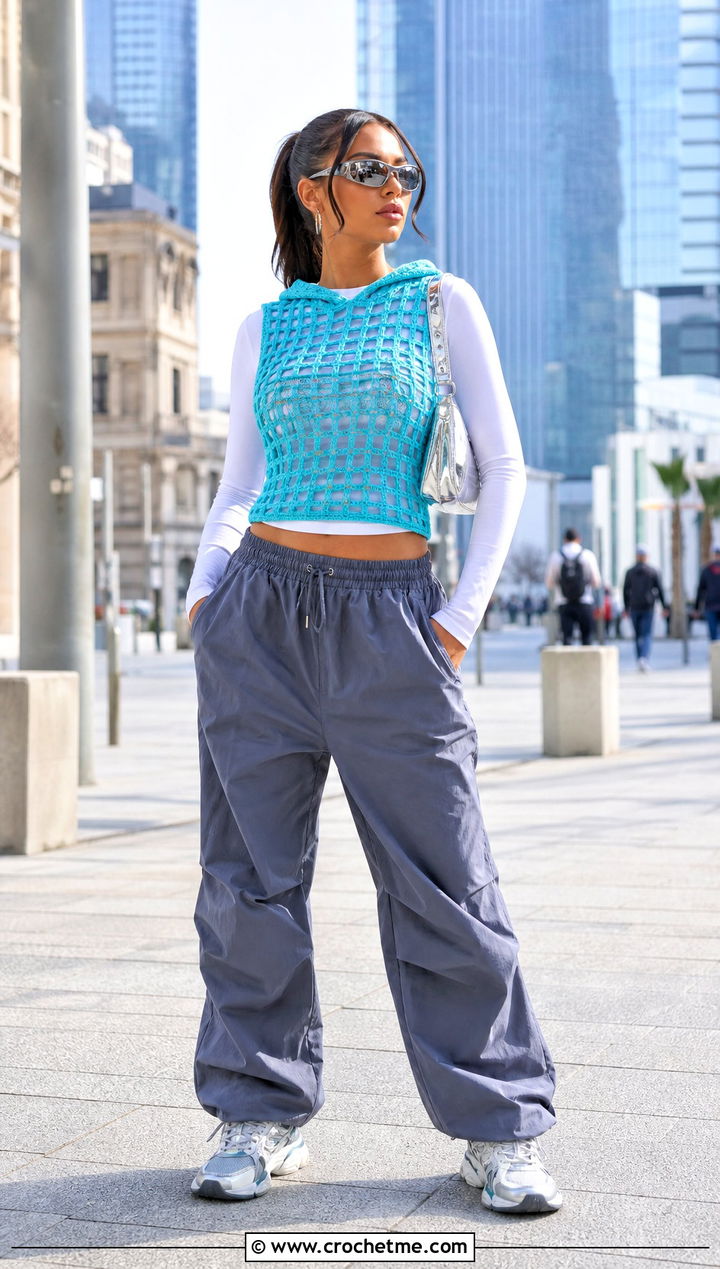 Hooded Filet Crochet Vest With Parachute Pants - 35 filet crochet vest outfit ideas
