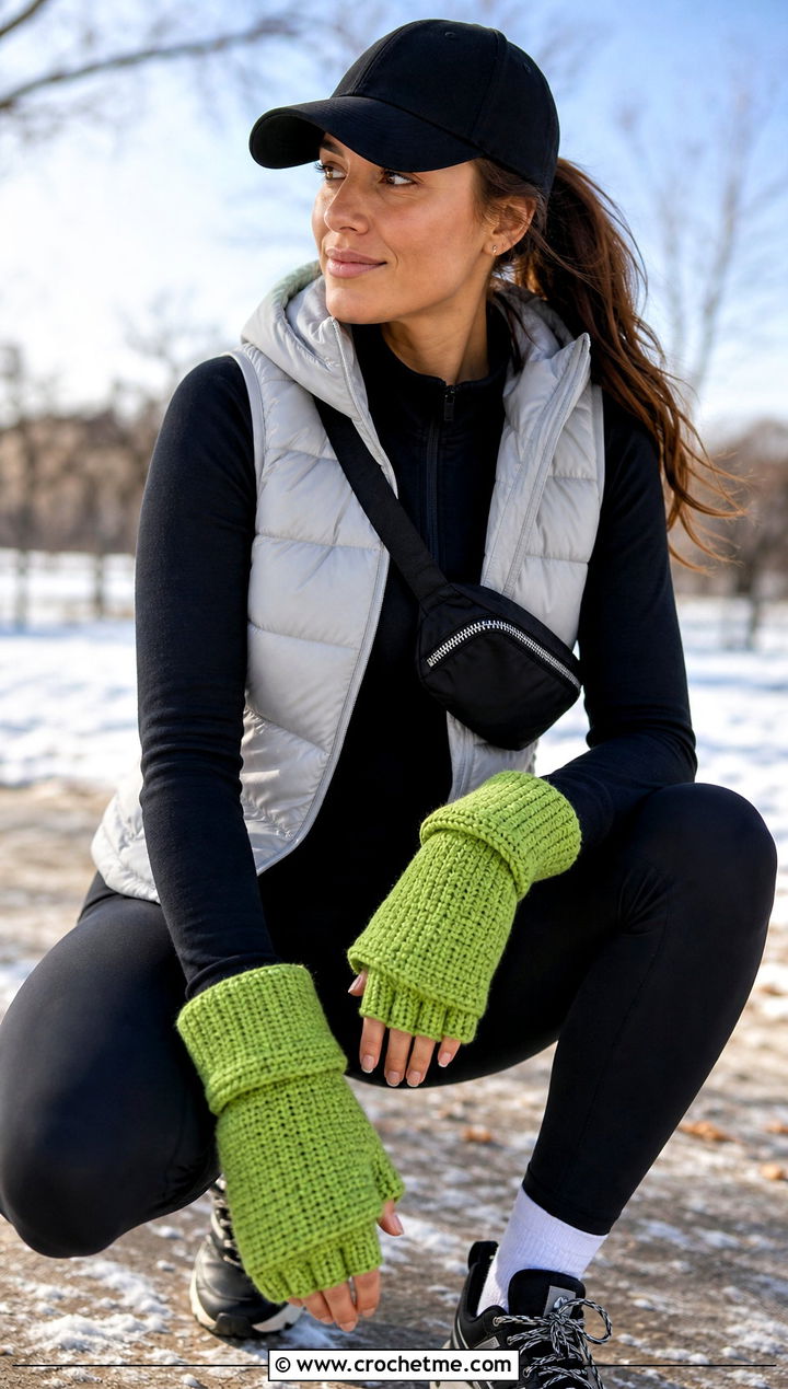 Hooded Fingerless Crochet Gloves With Puffer Vest and Leggings - 20 Convertible Crochet Gloves outfit ideas