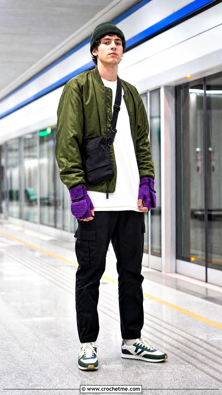 Hooded Fingerless Gloves With Bomber Jacket - 35 crochet gloves for men outfit ideas