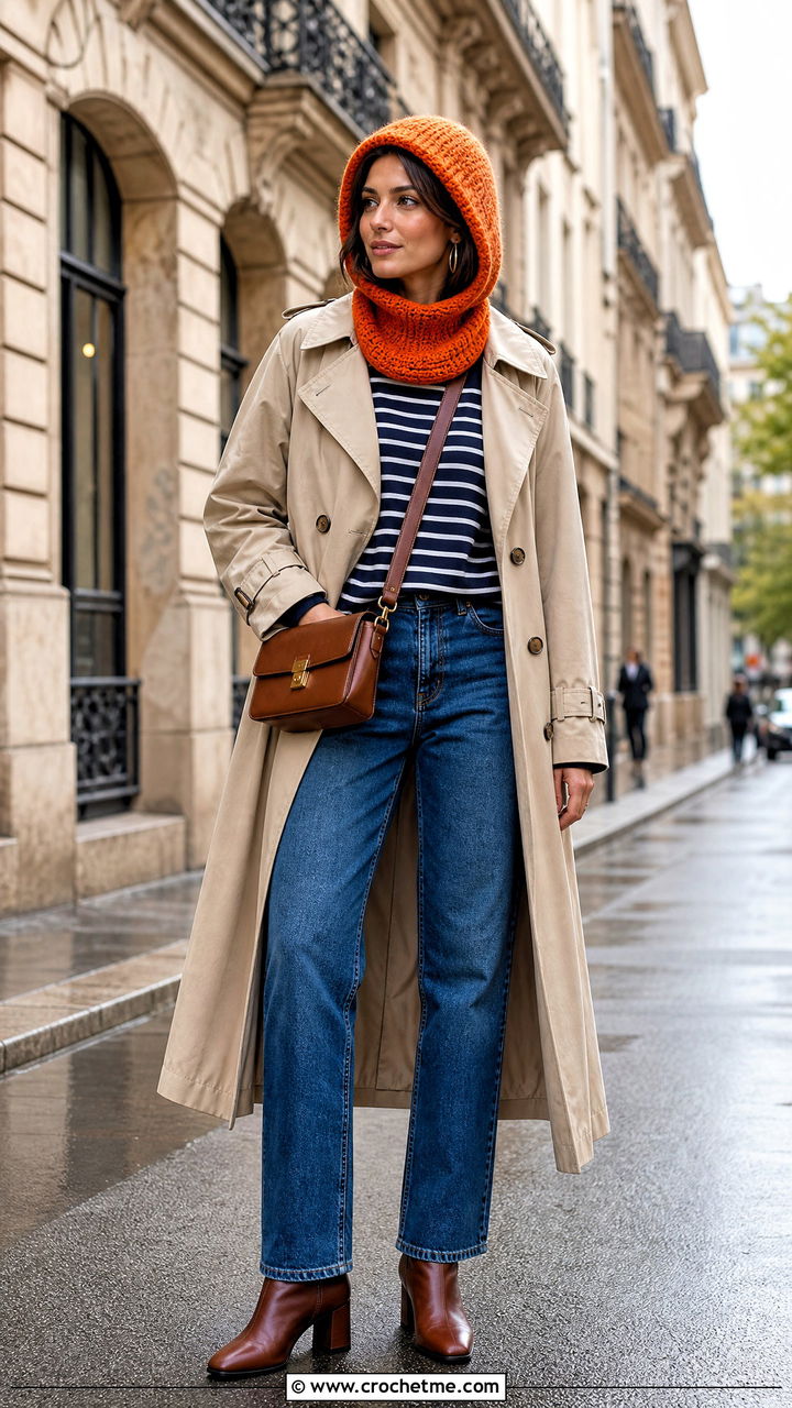 Hooded Finn Hat With Trench Coat And Straight Jeans - 35 crochet finn hat outfit ideas