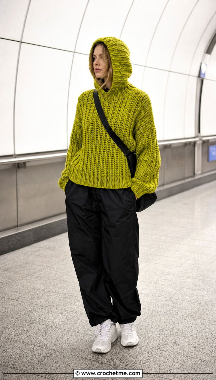 Hooded Fisherman Crochet Sweater With Parachute Pants - 25 Fisherman Crochet Sweater outfit ideas