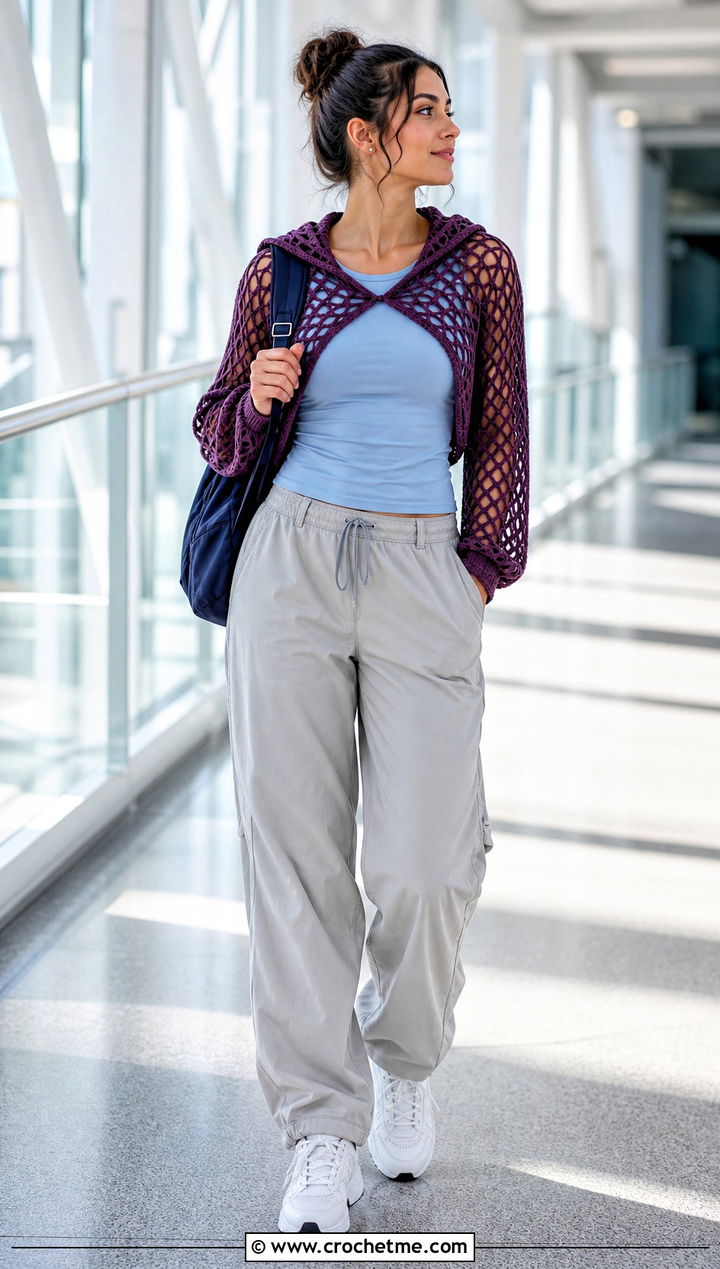 Hooded Fishnet Crochet Bolero With Parachute Pants - 25 Fishnet Crochet Bolero outfit ideas