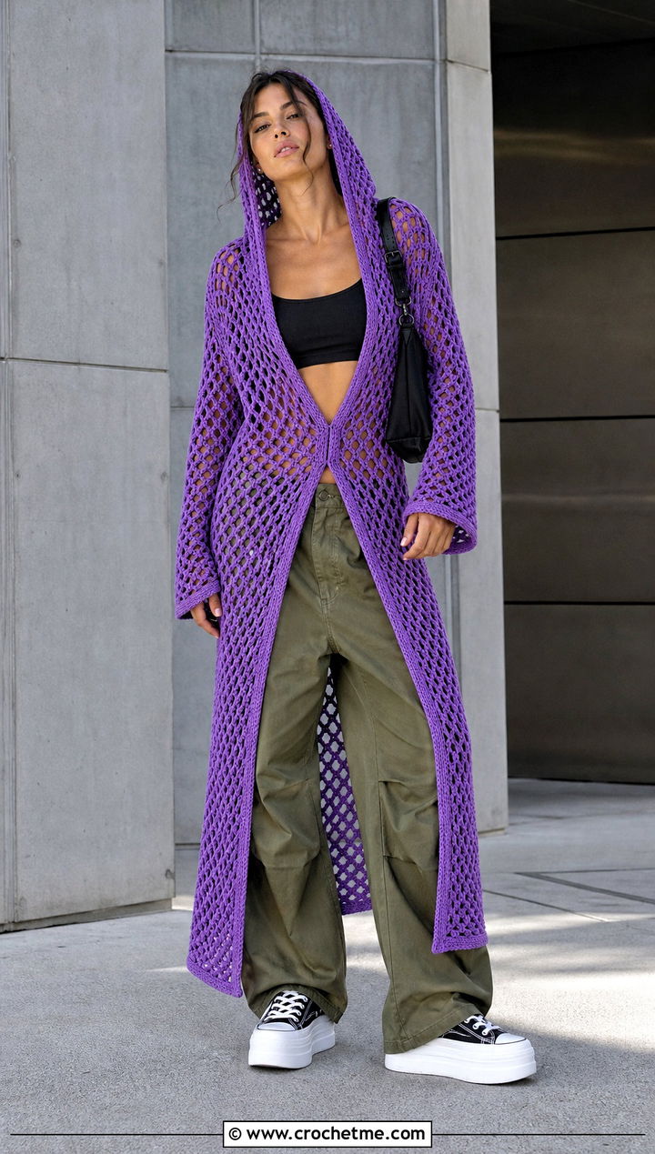 Hooded Fishnet Crochet Dress With Cargo Pants And Sneakers - 25 Fishnet Crochet Dress outfit ideas