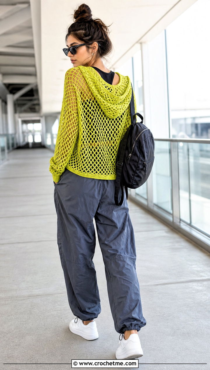 Hooded Fishnet Crochet Top With Parachute Pants - 25 Fishnet Crochet Top outfit ideas