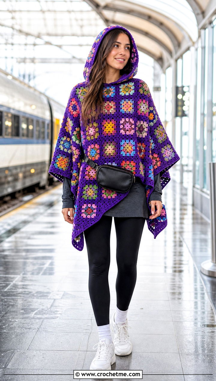 Hooded Floral Granny Square Poncho With Leggings - 25 Crochet Flower Poncho outfit ideas