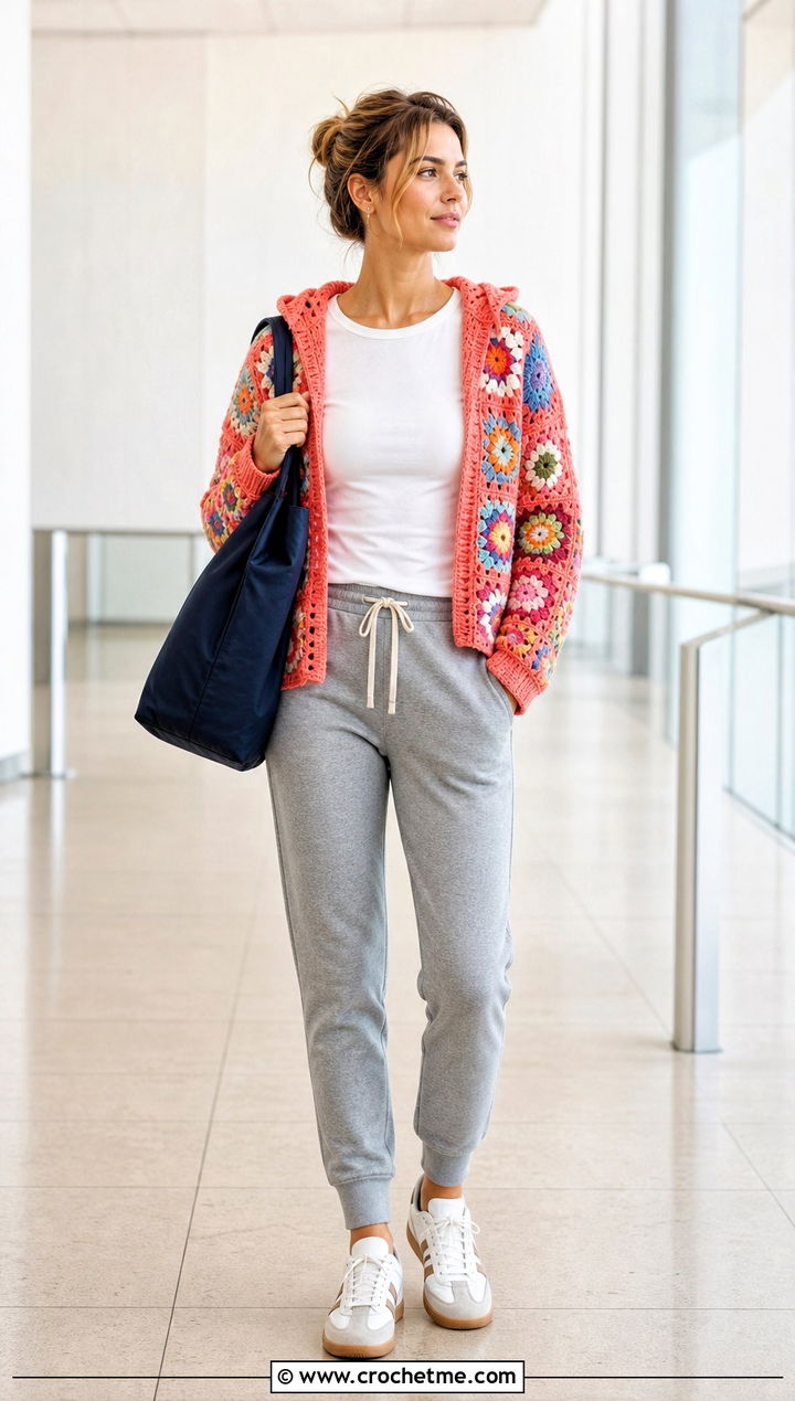 Hooded Floral Patchwork Cardigan With Joggers - 30 crochet flower cardigan outfit ideas