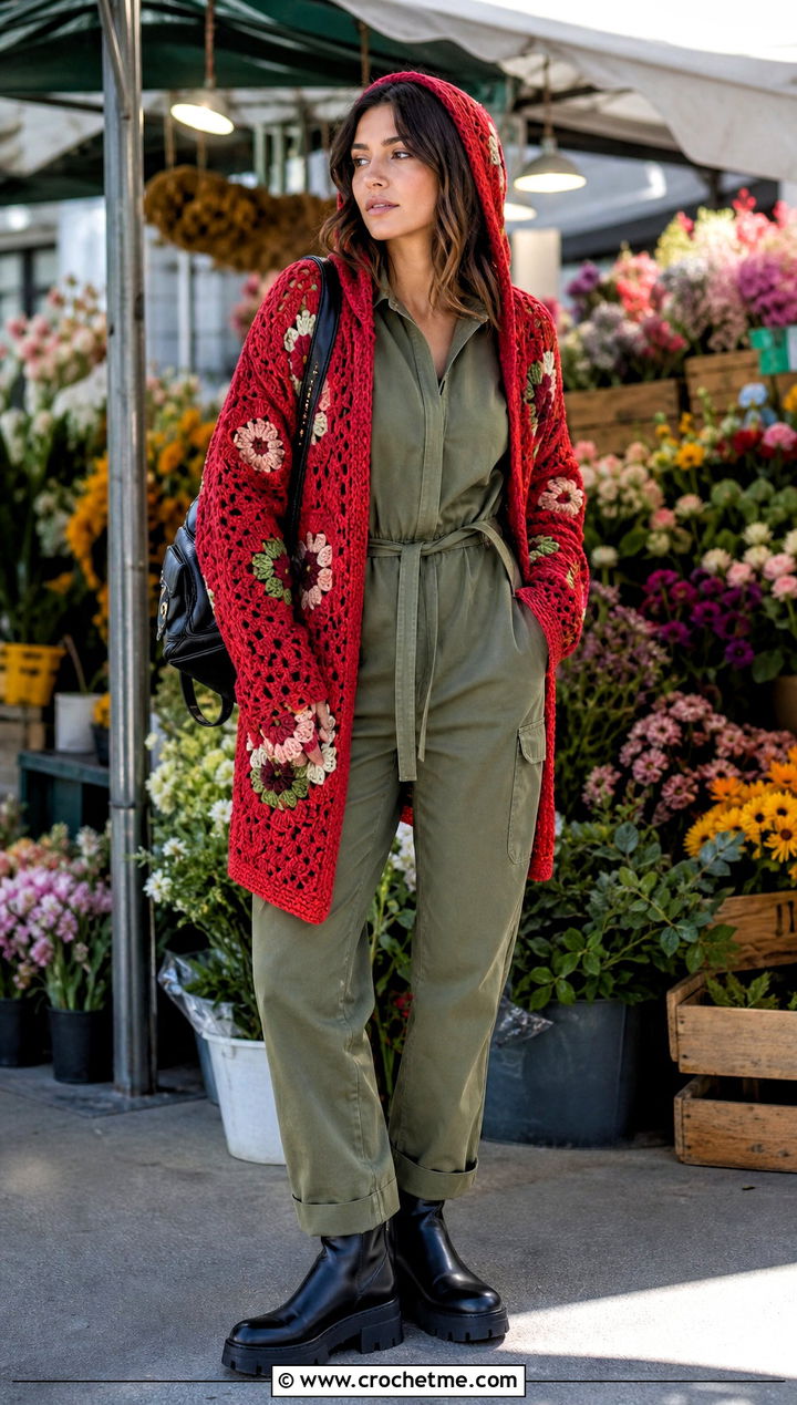 Hooded Flower Crochet Cardigan With Utility Jumpsuit - 25 Flower Crochet Cardigan outfit ideas