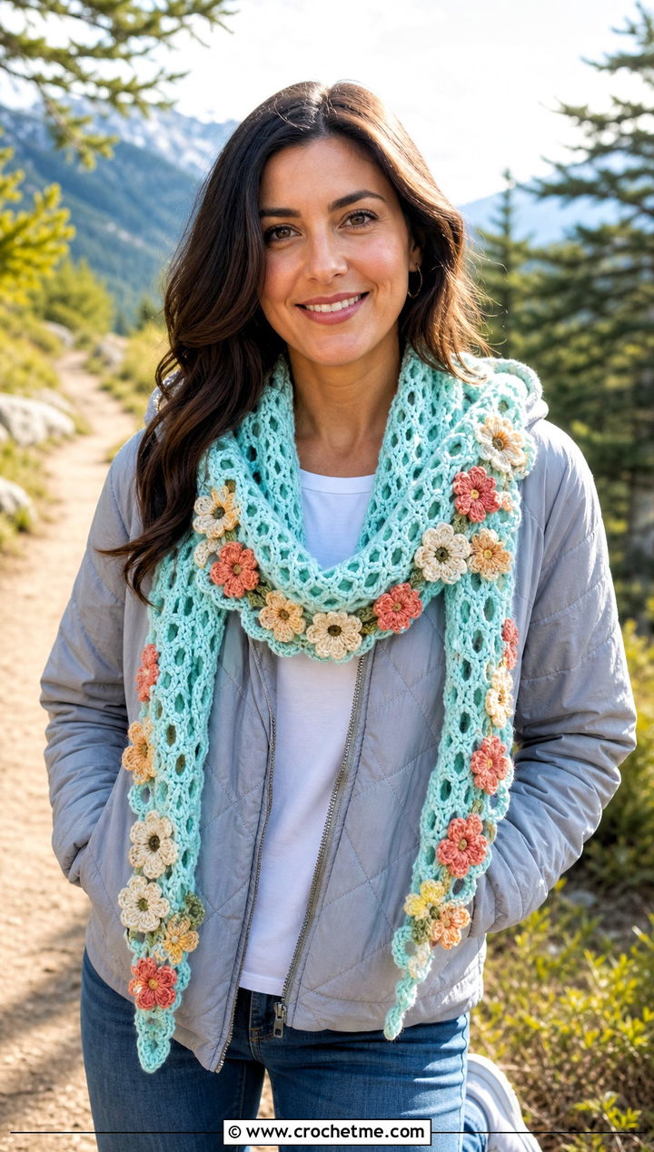 Hooded Flower Scarf With Casual Layers - 30 crochet scarf with flowers outfit ideas