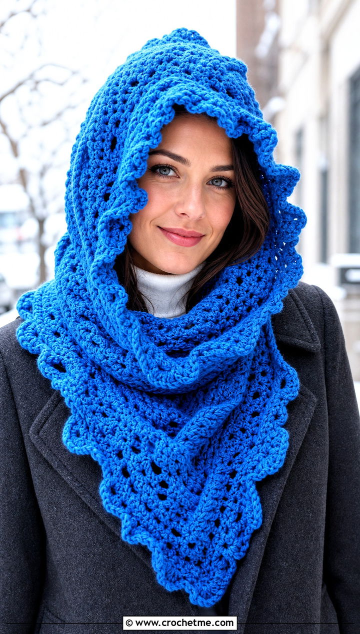 Hooded Freeform Crochet Scarf With Peacoat And Straight Jeans - 25 Freeform Crochet Scarf outfit ideas