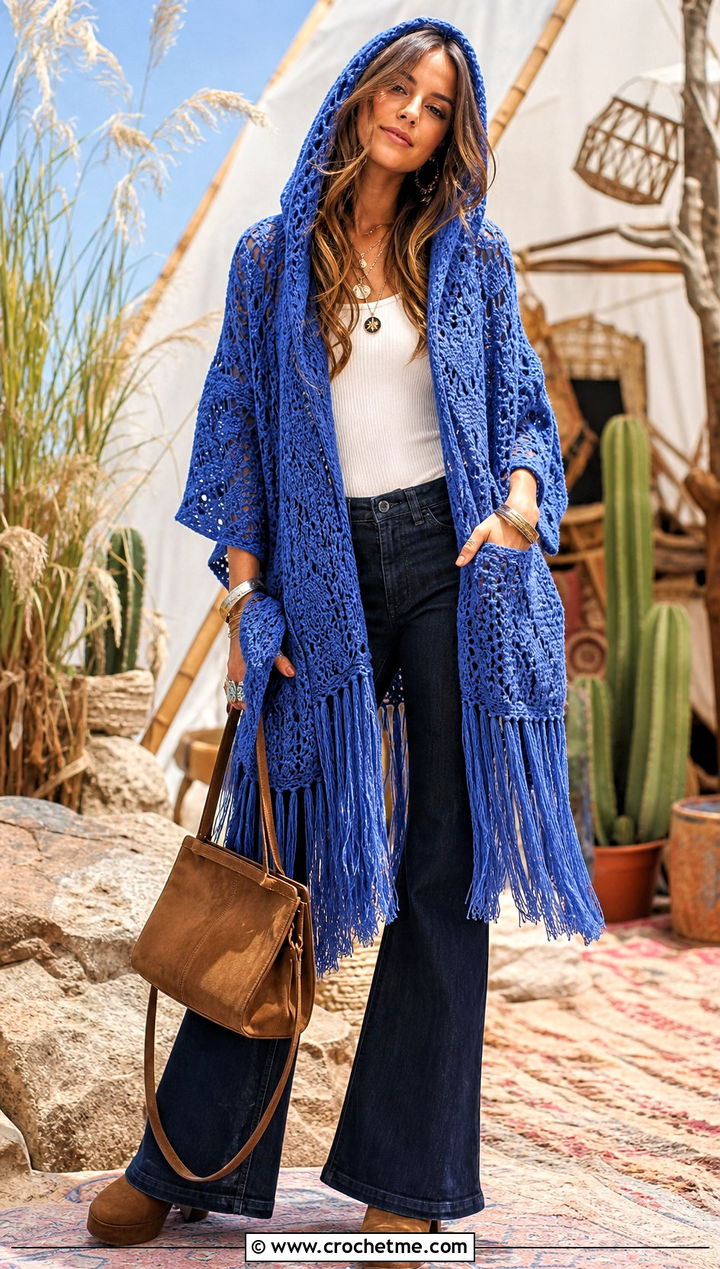 Hooded Fringe Pocket Shawl With Flared Jeans - 25 Crochet Pocket Scarf Shawl outfit ideas