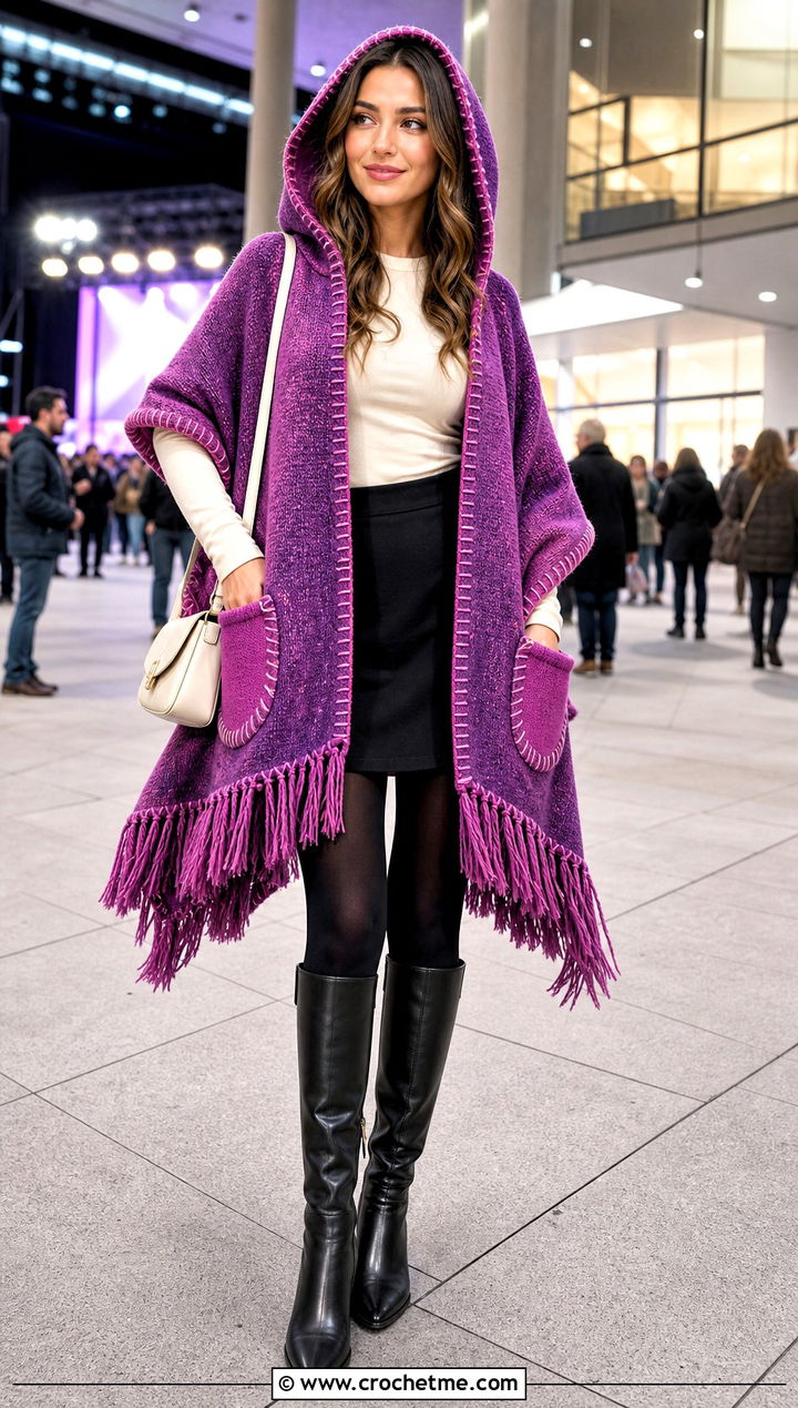 Hooded Fringe Pocket Wrap With Mini Skirt - 35 crochet wrap with pockets outfit ideas
