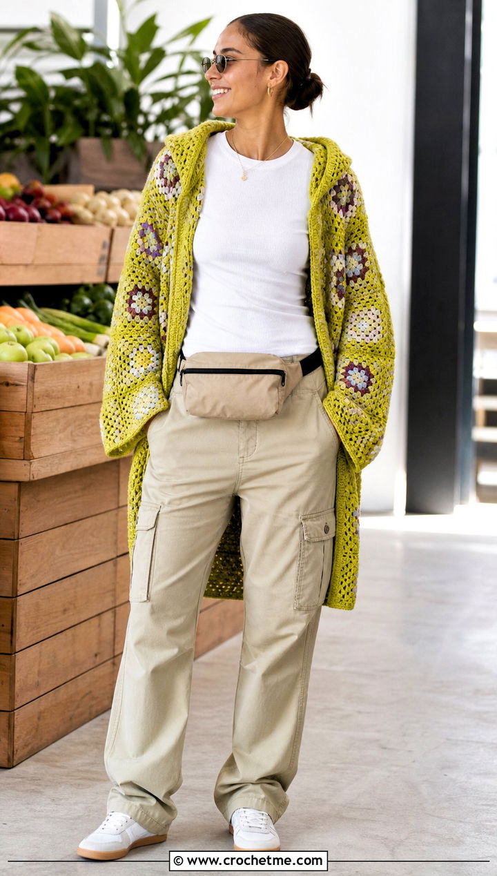Hooded Giant Granny Square Cardigan With Cargo Pants - 35 giant granny square cardigan outfit ideas