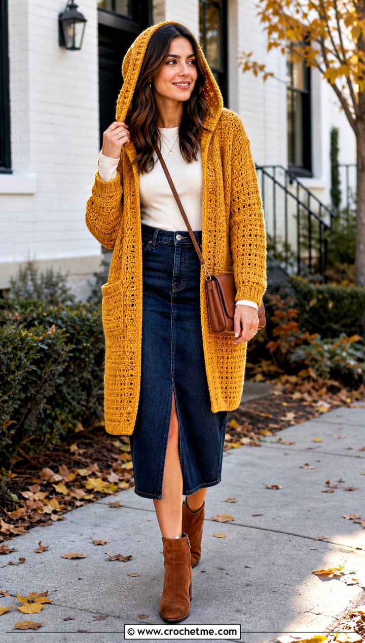 Hooded Gold Crochet Cardigan With Denim Skirt - 15 gold crochet cardigan outfit ideas