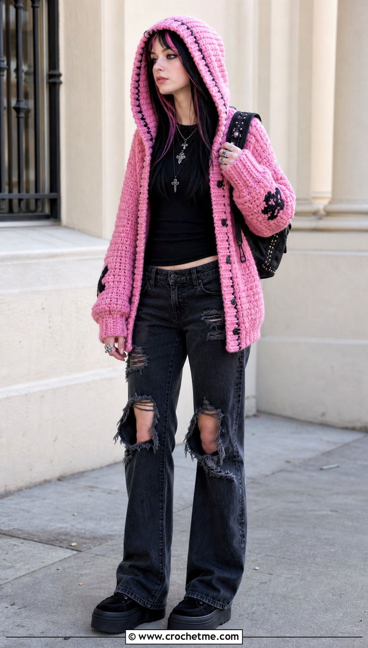 Hooded Goth Crochet Cardigan With Ripped Jeans - 15 goth crochet cardigan outfit ideas