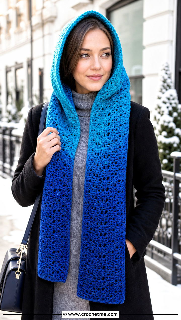 Hooded Gradient Crochet Scarf With Sweater Dress - 25 gradient crochet scarf outfit ideas