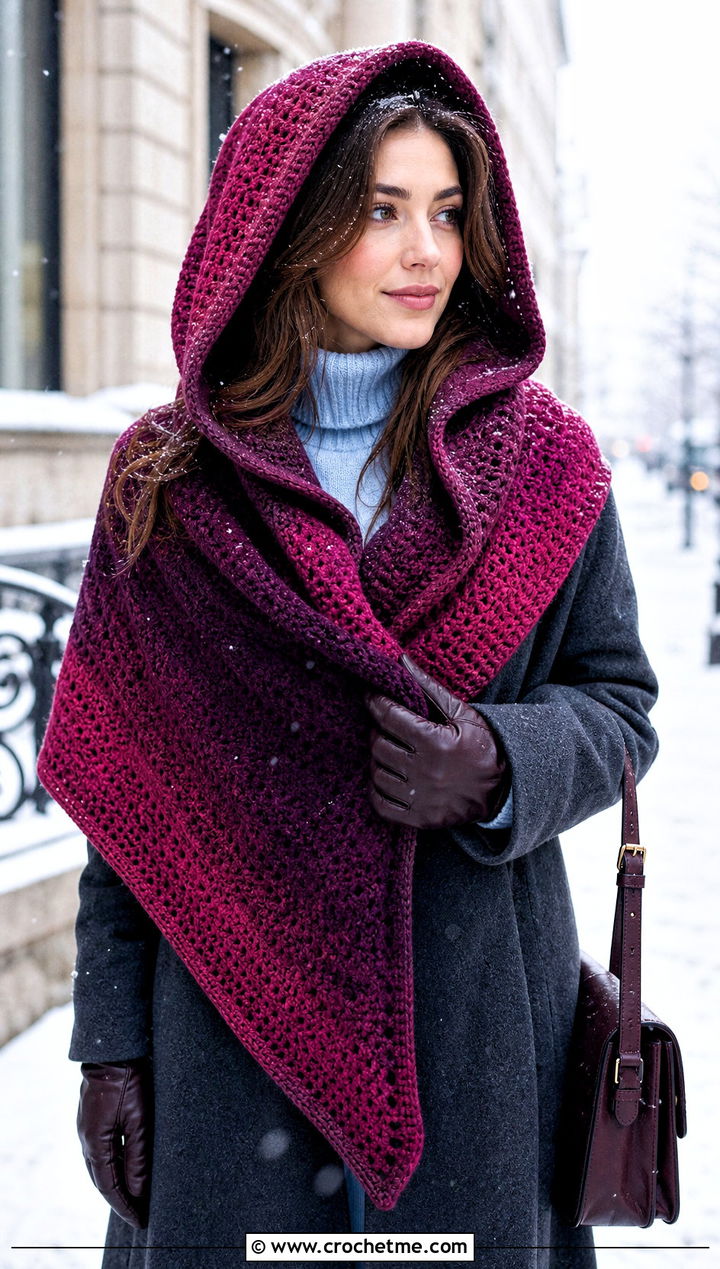 Hooded Gradient Shawl With Long Coat - 15 Crochet Gradient Shawl outfit ideas