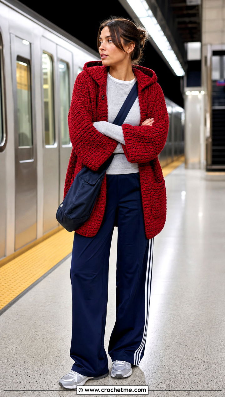 Hooded Grandpa Crochet Cardigan With Track Pants - 20 grandpa crochet cardigan outfit ideas
