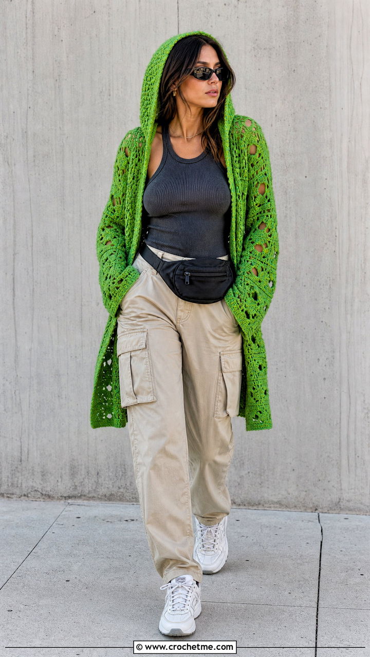 Hooded Granny Cardigan With Cargo Pants - 35 crochet granny cardigan outfit ideas