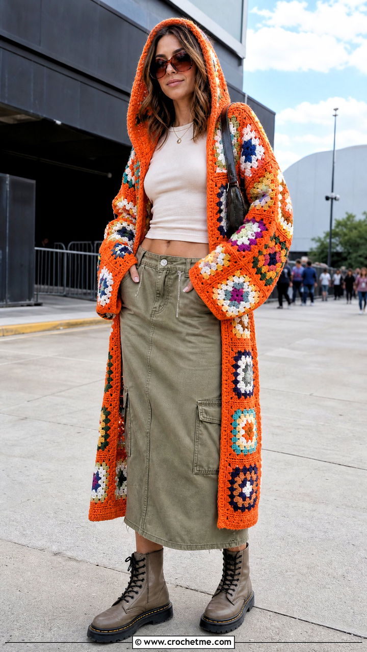 Hooded Granny Crochet Blanket Cardigan With Cargo Skirt - 35 crochet blanket cardigan outfit ideas