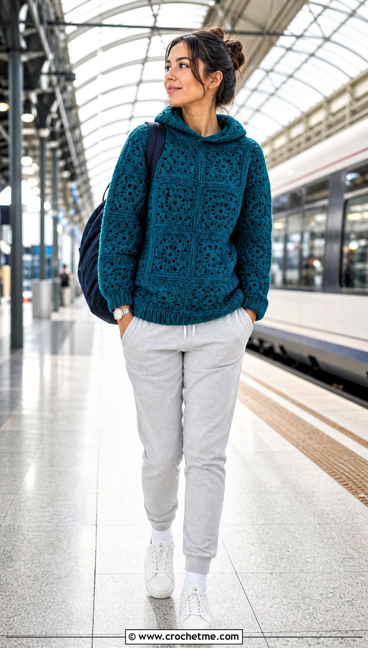 Hooded Granny Crochet Pullover With Joggers - 15 love my granny crochet pullover outfit ideas