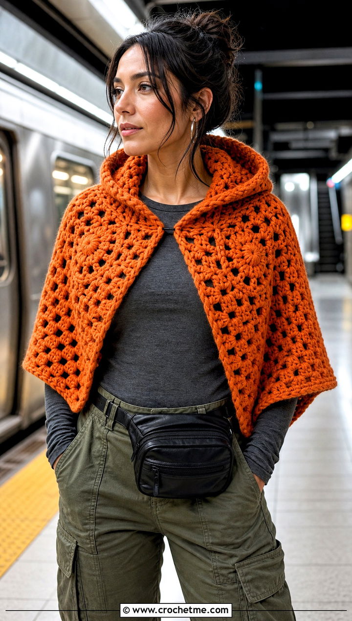 Hooded Granny Crochet Shawl With Cargo Pants - 15 Granny Crochet Shawl outfit ideas