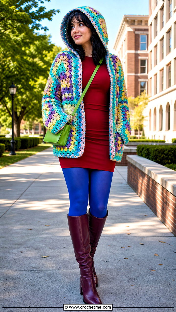 Hooded Granny Hexagon Cardigan With Mini Dress - 35 crochet hexagon cardigan outfit ideas