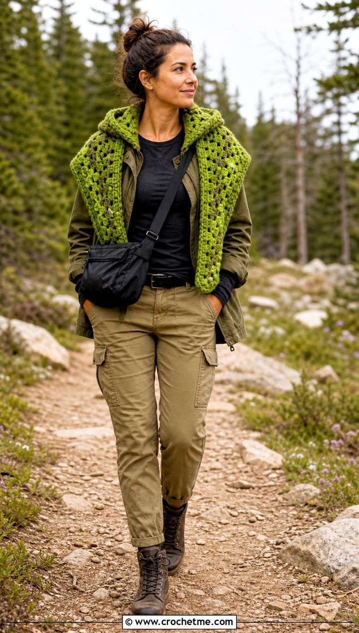 Hooded Granny Scarf With Utility Jacket - 35 granny crochet scarf outfit ideas