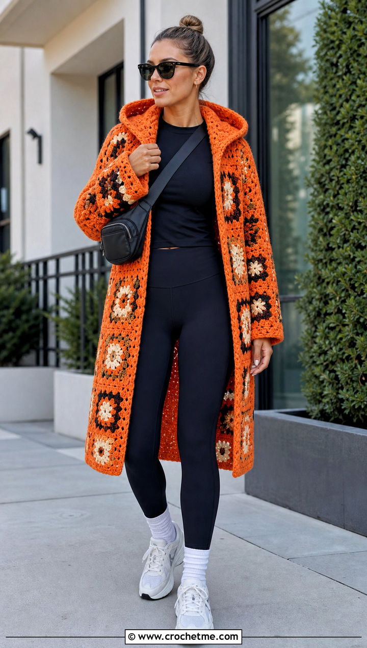 Hooded Granny Square Car Coat With Leggings - 15 Granny Square Car Coat outfit ideas