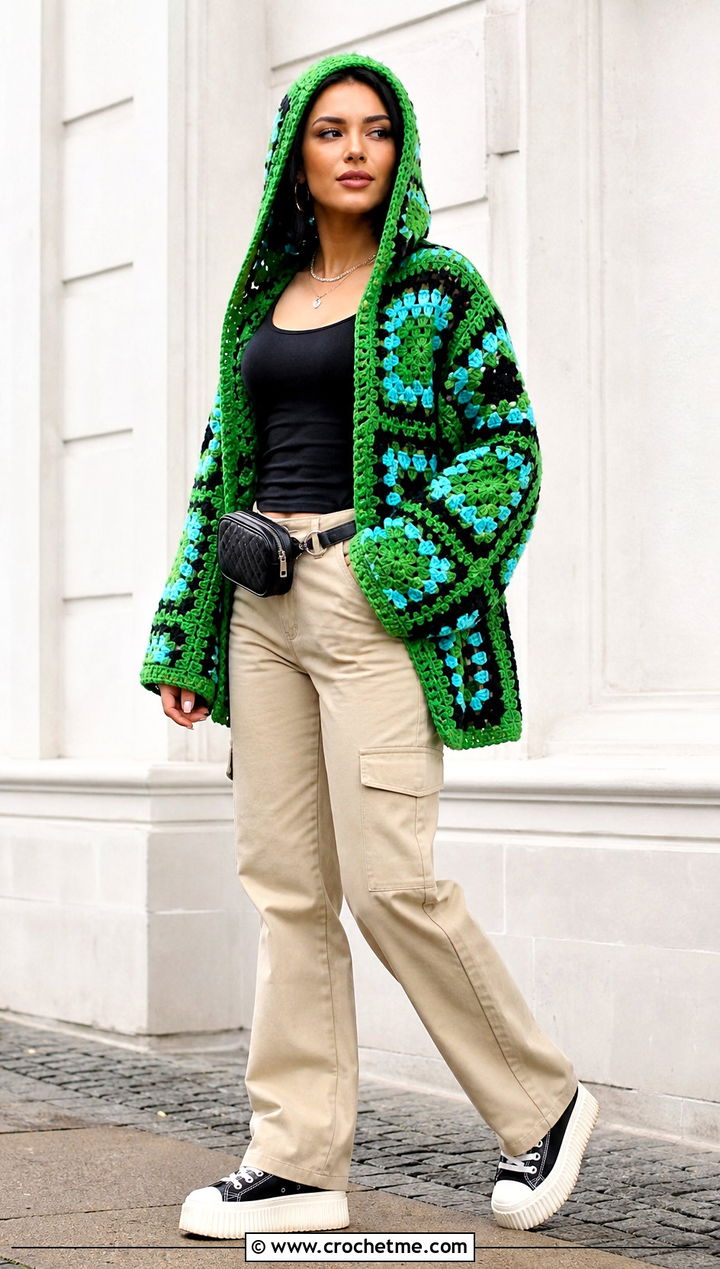 Hooded Granny Square Cardigan With Cargo Pants - 20 boho granny square cardigan outfit ideas