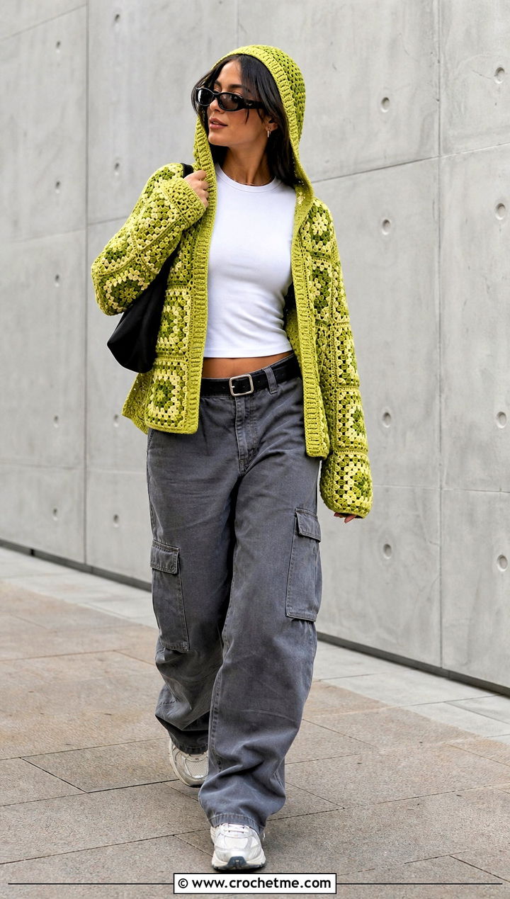 Hooded Granny Square Cardigan With Cargo Pants - 20 Grant Square Crochet Cardigan outfit ideas