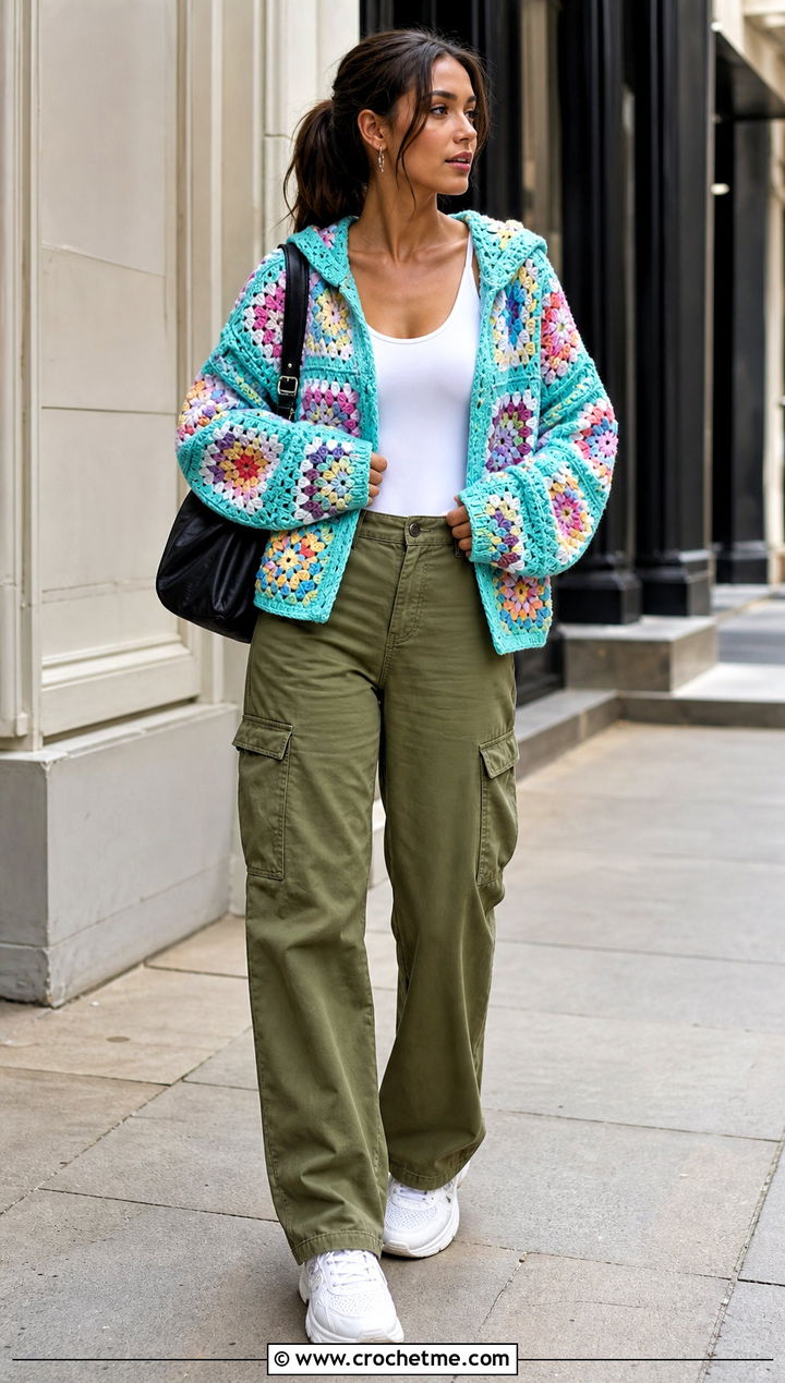 Hooded Granny Square Cardigan With Cargo Pants - 30 granny squares cardigan outfit ideas