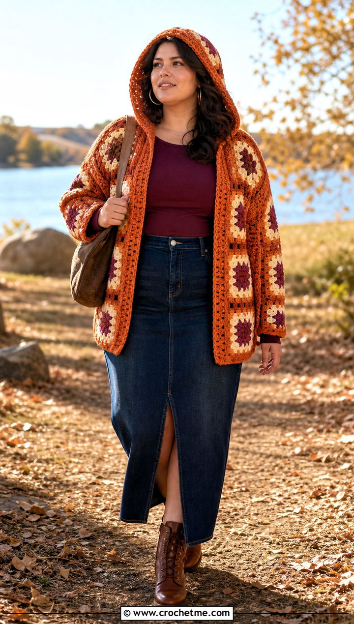 Hooded Granny Square Cardigan With Denim Maxi Skirt - 30 plus size crochet granny square cardigan outfit ideas