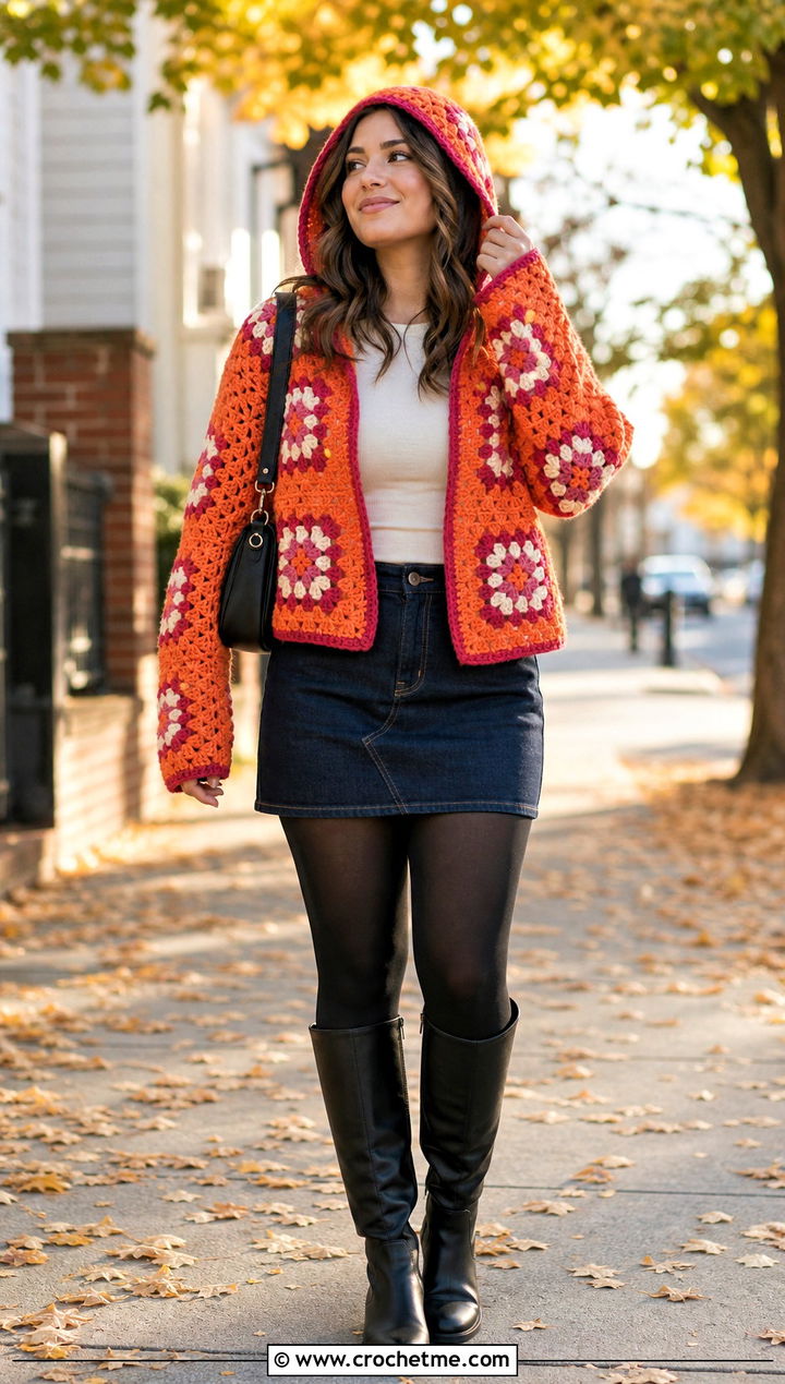 Hooded Granny Square Cardigan With Denim Mini Skirt - 30 cardigan with granny square outfit ideas