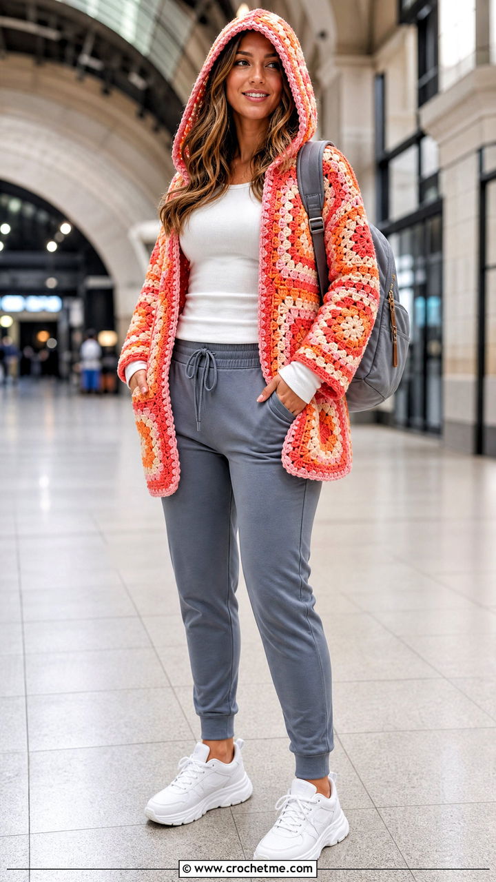 Hooded Granny Square Cardigan With Joggers - 35 crochet granny square cardigan outfit ideas