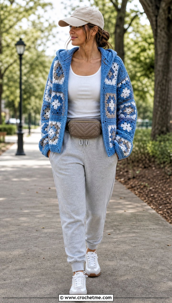 Hooded Granny Square Cardigan With Joggers - 35 Easy Simple Crochet Granny Square Cardigan outfit ideas