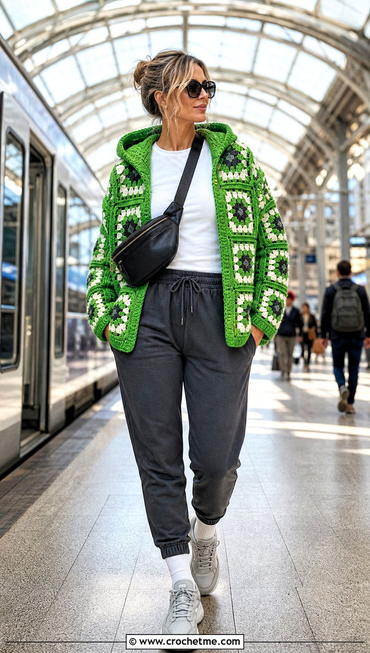 Hooded Granny Square Cardigan With Joggers - 20 Crochet Fall Granny Square Cardigan outfit ideas