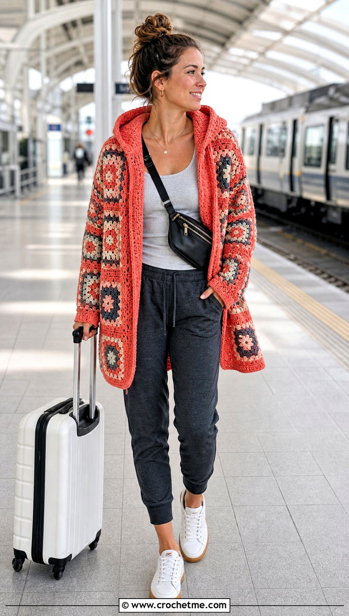 Hooded Granny Square Cardigan With Joggers - 30 crochet granny squares cardigan outfit ideas
