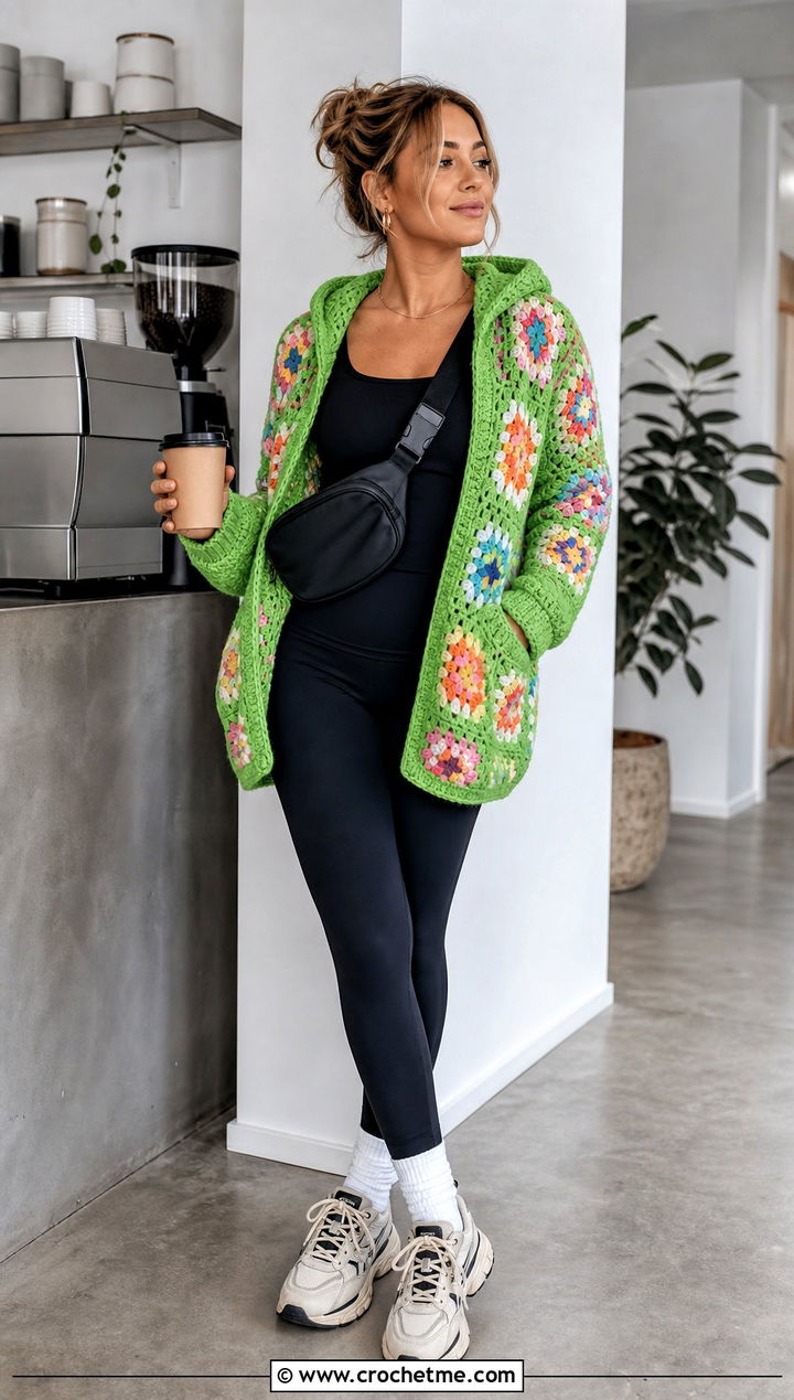 Hooded Granny Square Cardigan With Leggings - 25 granny crochet sweater outfit ideas