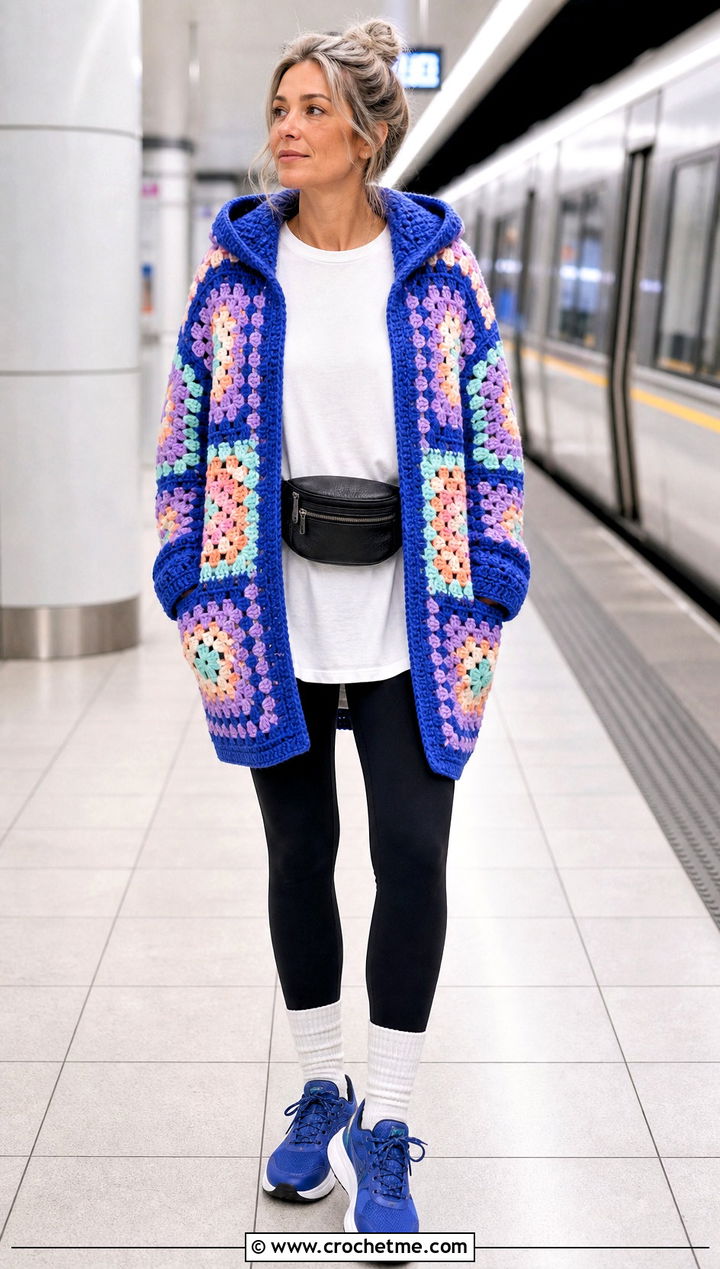 Hooded Granny Square Cardigan With Leggings - 25 pastel granny square cardigan outfit ideas