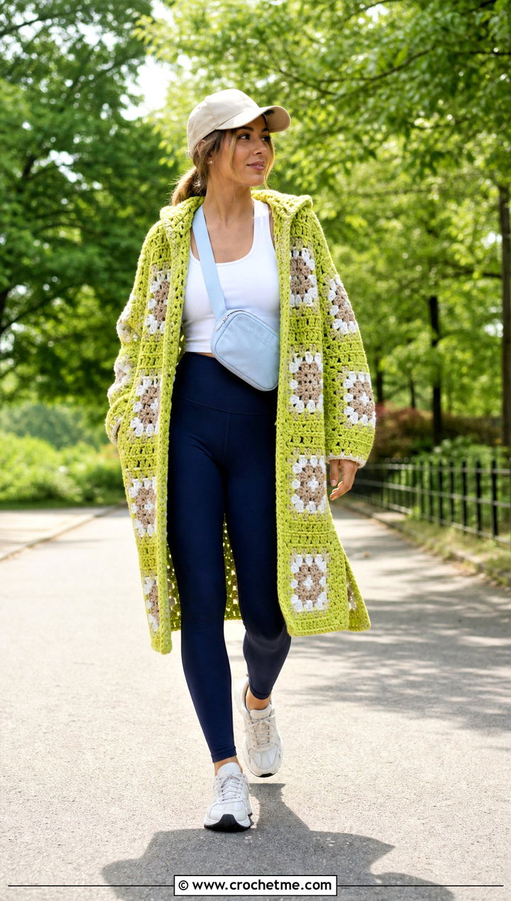 Hooded Granny Square Cardigan With Leggings - 15 Everyday Granny Square Cardigan outfit ideas