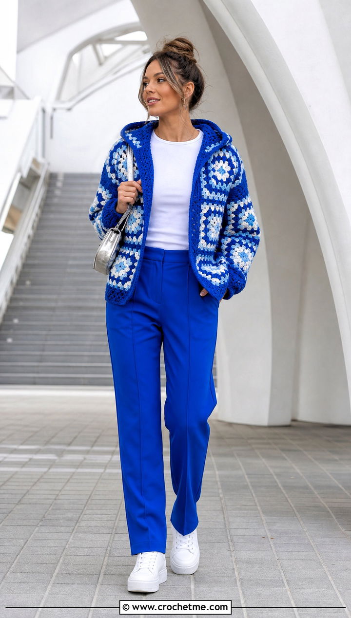 Hooded Granny Square Cardigan With Matching Color Trousers - 30 granny square cardigan with hood outfit ideas