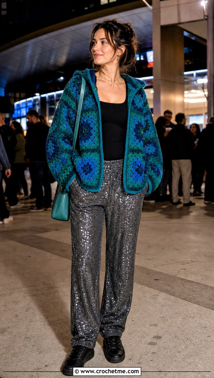 Hooded Granny Square Cardigan With Sequin Pants - 30 granny square cardigan with hood outfit ideas