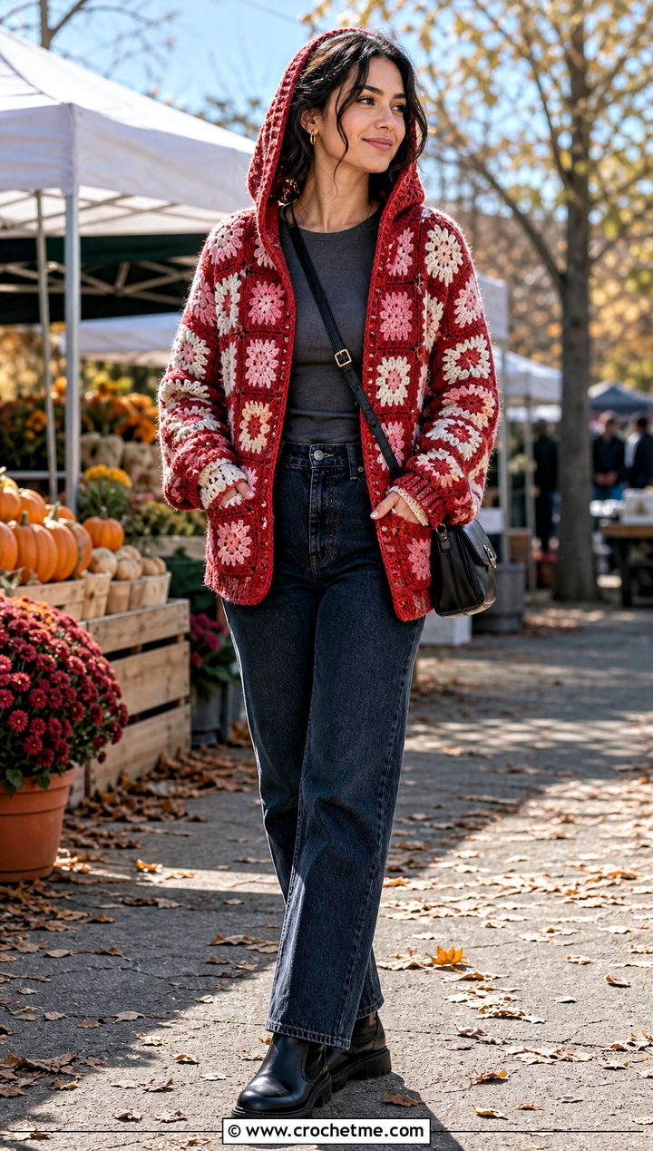 Hooded Granny Square Cardigan With Straight Leg Jeans - 25 Two Granny Square Cardigan outfit ideas
