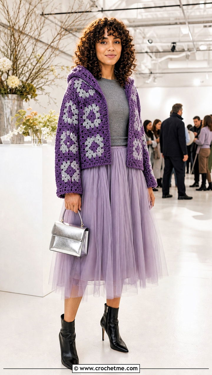 Hooded Granny Square Cardigan With Tulle Skirt - 30 granny square cardigan with hood outfit ideas