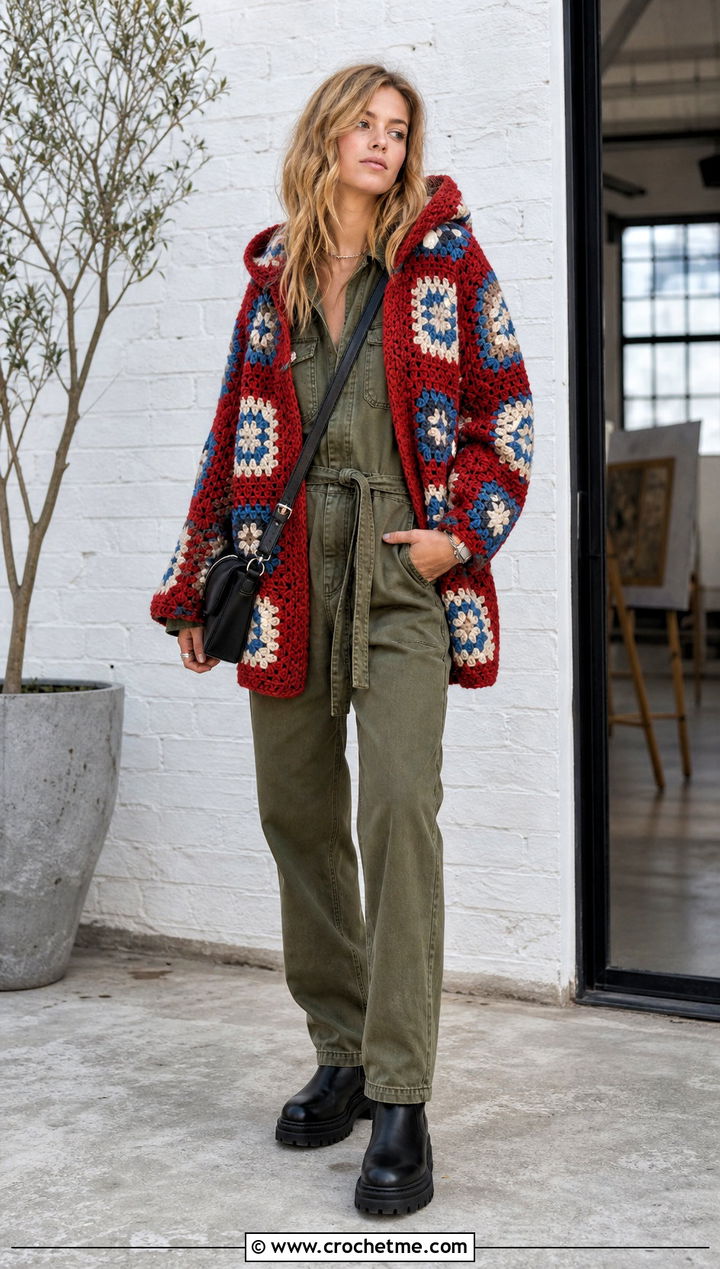 Hooded Granny Square Cardigan With Utility Jumpsuit - 30 granny square cardigan with hood outfit ideas