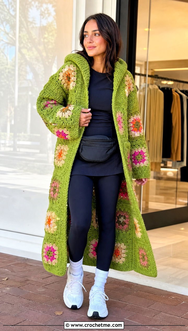Hooded Granny Square Chunky Crochet Coat With Leggings - 25 Chunky Crochet Coat outfit ideas