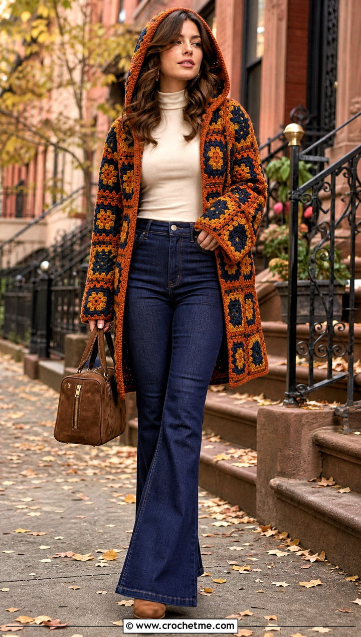 Hooded Granny Square Coat Cardigan With Flared Jeans - 30 granny square cardigan with hood outfit ideas