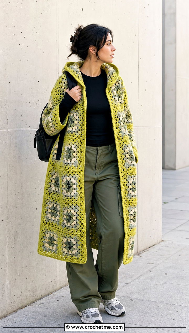 Hooded Granny Square Coat With Cargo Pants - 30 granny square coat outfit ideas
