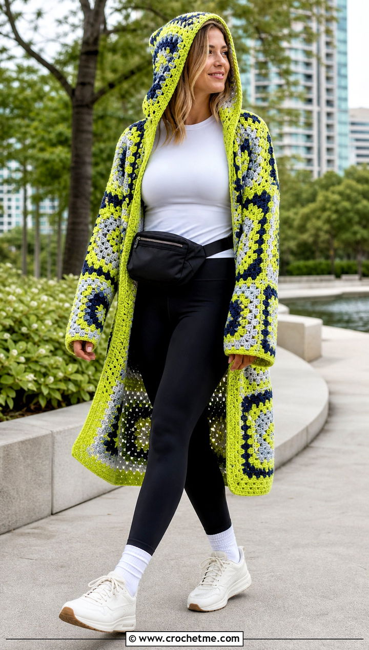 Hooded Granny Square Coat With Leggings And Sneakers - 30 crochet granny square coat outfit ideas