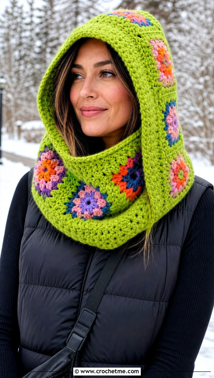 Hooded Granny Square Cowl With Puffer Vest - 25 Granny Square Cowl outfit ideas